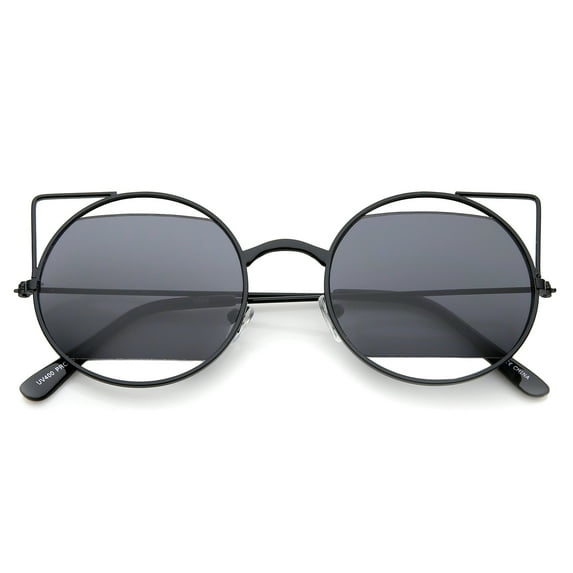 sunglassLA Unisex Women's Cutout Metal Open Frame Lens Round Cat Eye Sunglasses (Black / Smoke) - 52mm