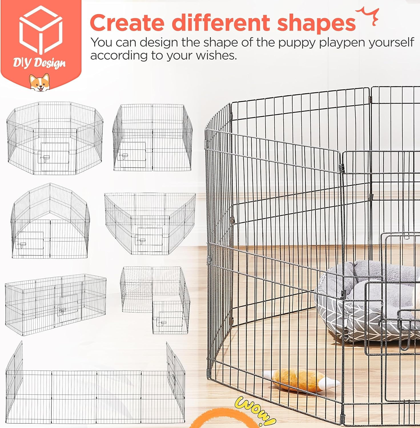 WLTER 24" High 8 Panel Foldable Metal Dog Exercise Pen Pet Playpen Dog Fence Outdoor & Indoor Use for Small Animals with Door Black