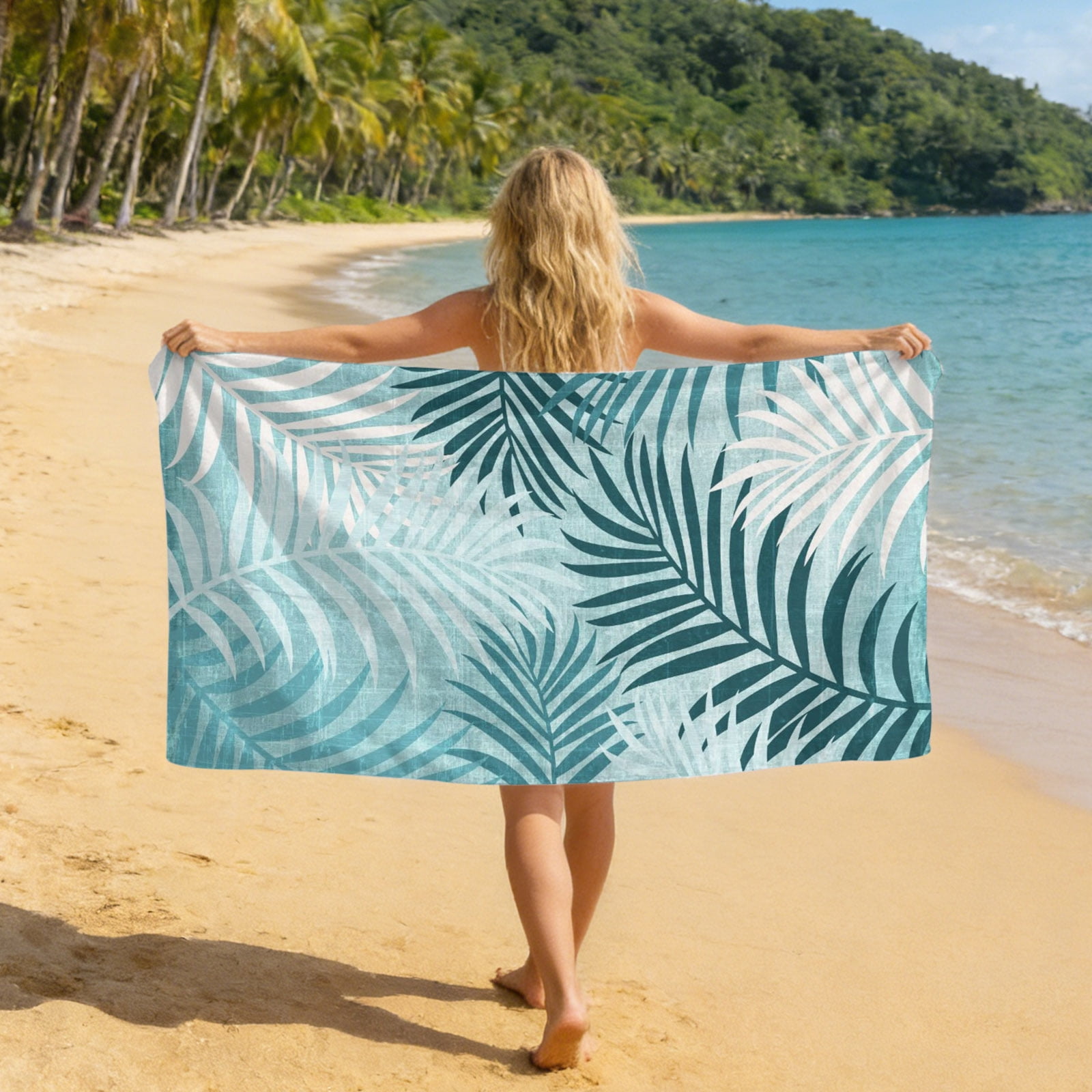 Beach Towel Bag 2 in 1 Turquoise Palm Leaves Bath Pool Towels Backpack Summer Tropical Leaf Plant Absorbent Beach Towel Soft Quick Dry Towels Drawstring Bag for Travel Camping Sports Picnic