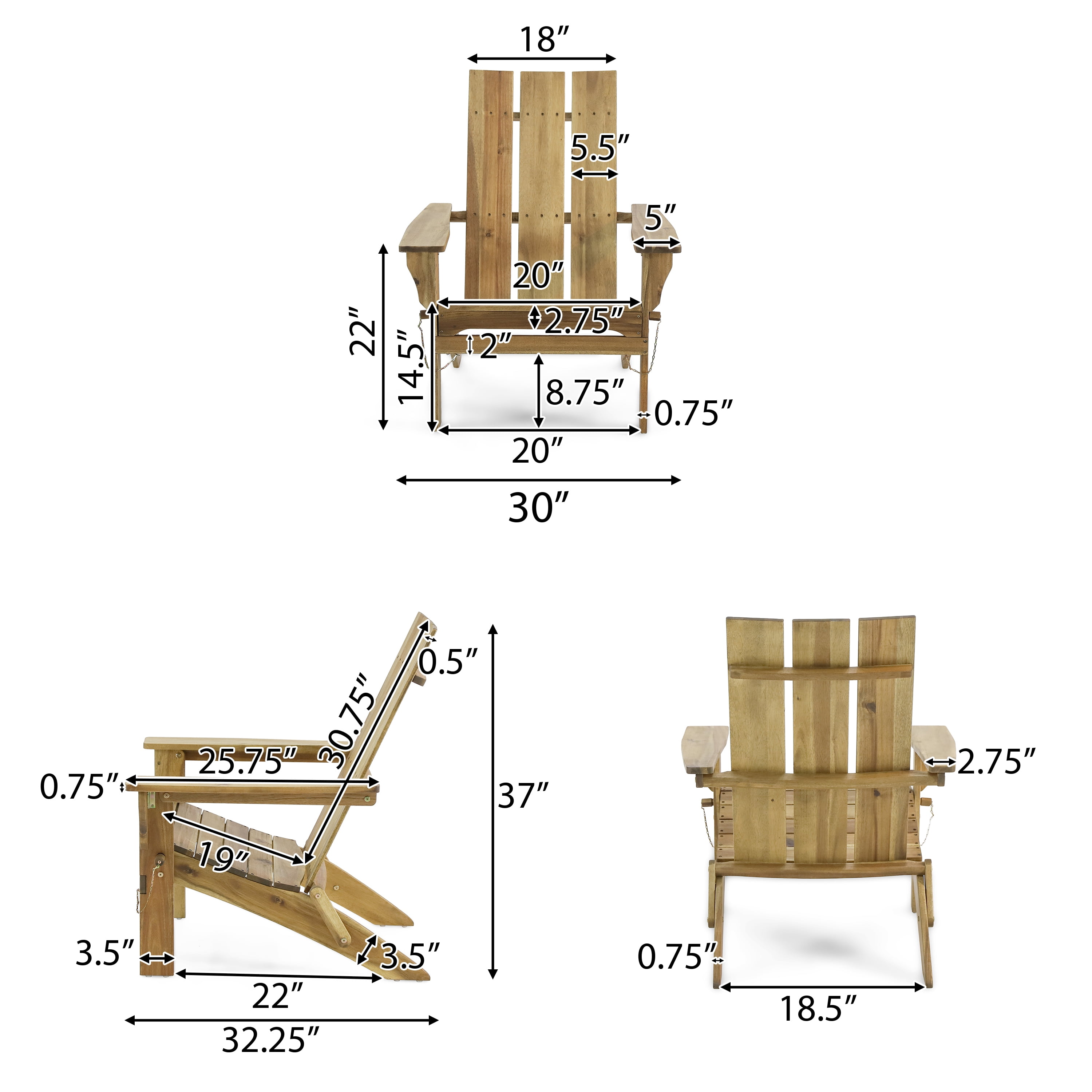 Noble House Zuma Outdoor Acacia Wood Foldable Adirondack Chair Natural Stained