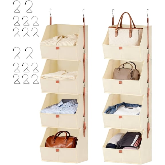 4-Tier Hanging Closet Organizer with Fabric Bins, Foldable Hanging Shelves for Clothes Storage, Space-Saving Closet Organizer for Bedroom, Dorm, RV, Beige (2)