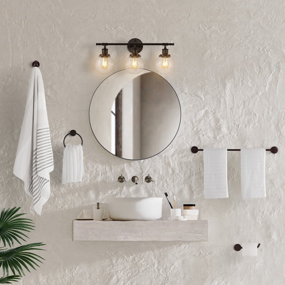 JONATHAN Y Hugo 24.5" 3-Light Farmhouse Classic Vanity Light with Bathroom Hardware Accessory Set, Oil Rubbed Bronze (5-Piece)