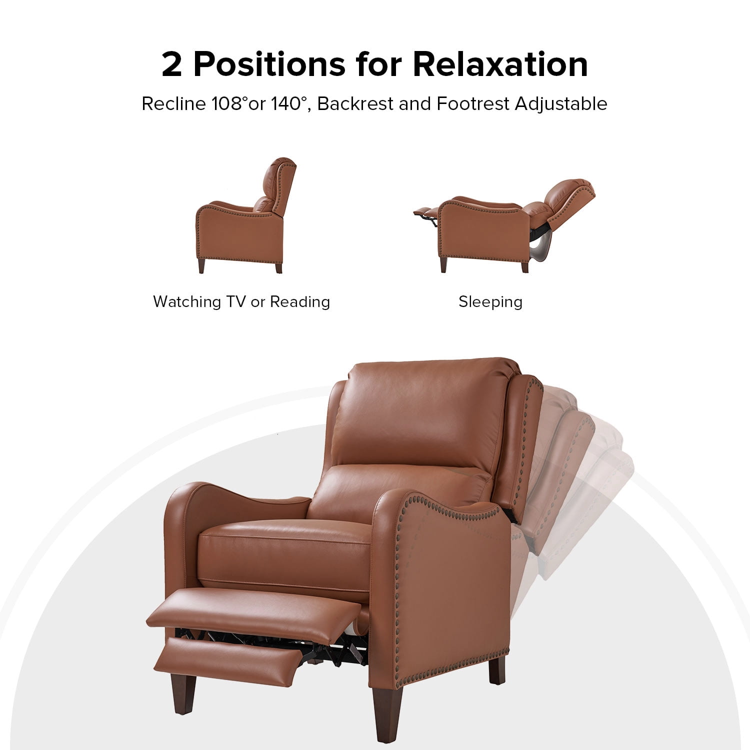 Leather Recliner Chair Set of 2 with Adjustable Backrest & Footrest for Bedroom, Brick