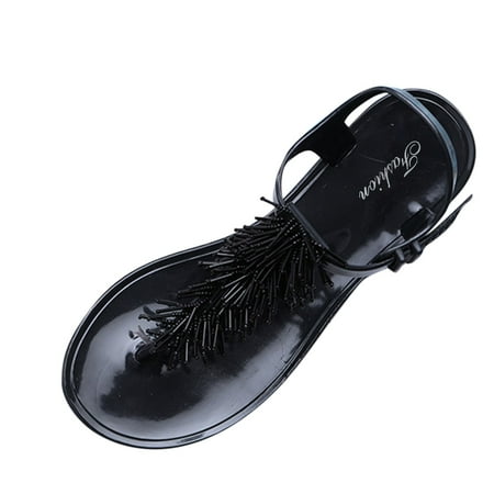

Fsqjgq Womens Comfy Sandals Solid Color Sandals Spring Summer Flops Flat and Beaded Fashion Women s Comfortable with Flip Women s Sandals Platform Sandals for Women Size 12 Wide Black 37