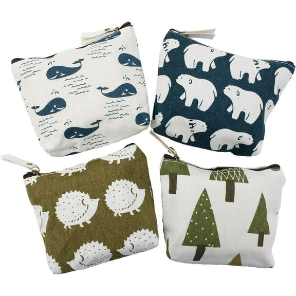 Small Coin Purse, 4 Pack of Cute Patterns Canvas Coin Purse with Smooth Zip Mini Wallet for Storing Coin, Credit Card, ID Card, Keys, Lipstick