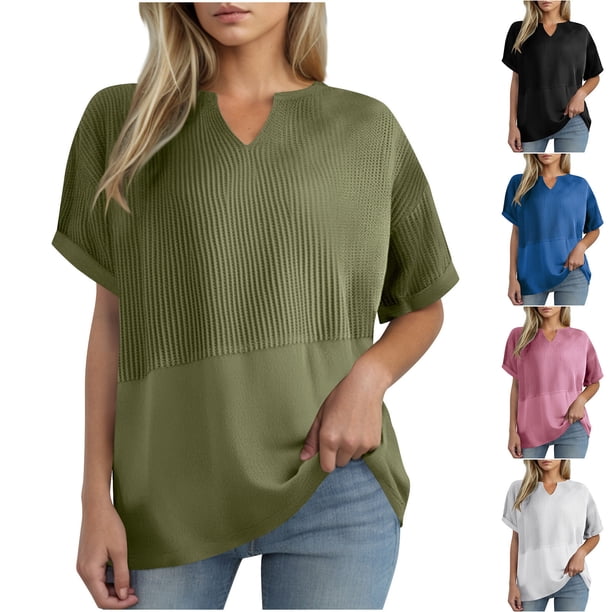 Camiseta de maestra/o,Camiseta de manga corta de punto gofre con cuello en V para mujer, blusa informal holgada, poliéster, ideal para el hogar y el trabajo, sopatenor