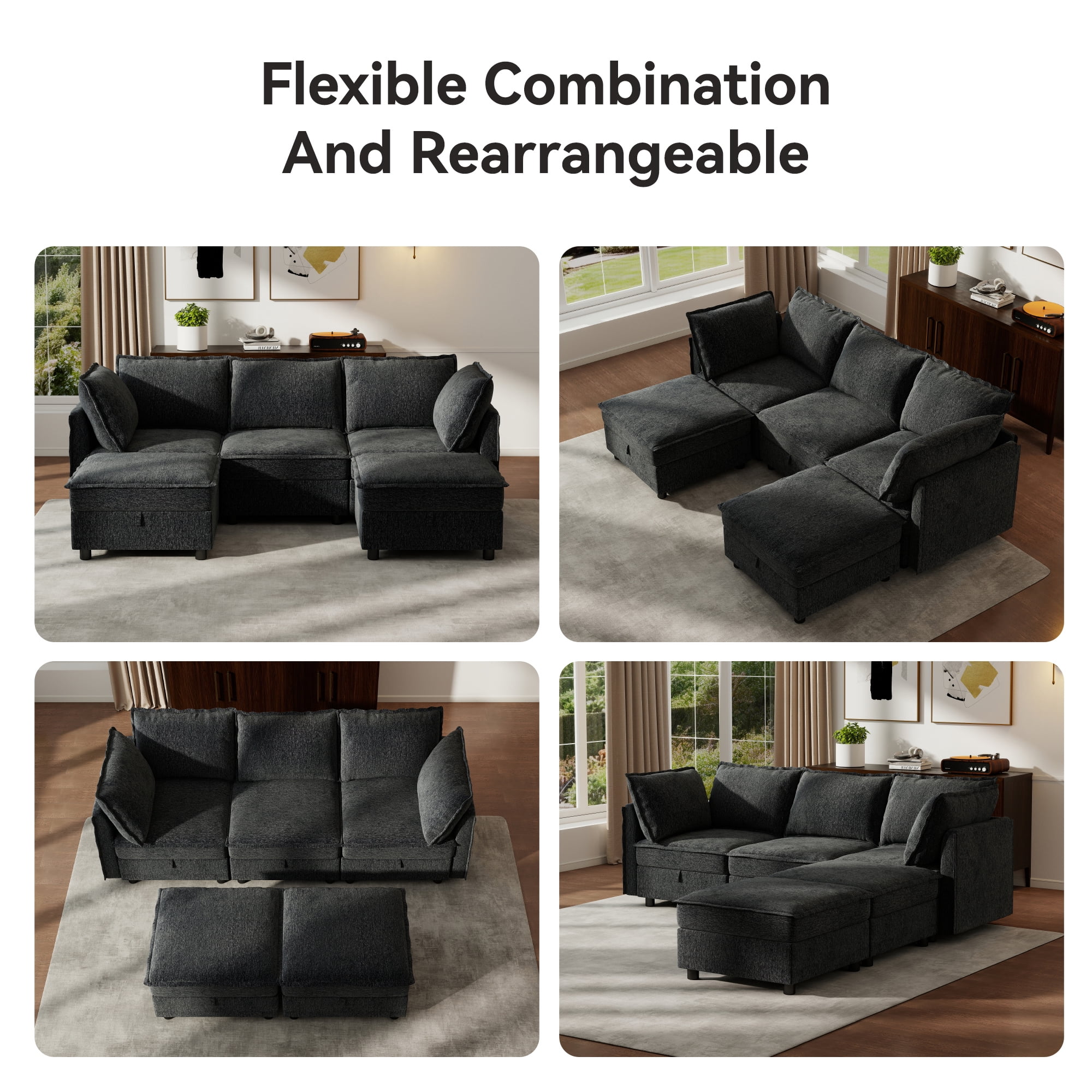 BedLuxury 97" Modular Sectional Sofa with Storage, U-Shaped Modern Sofa Couch with Movable Ottomans for Living Room, Office,Dark Gray