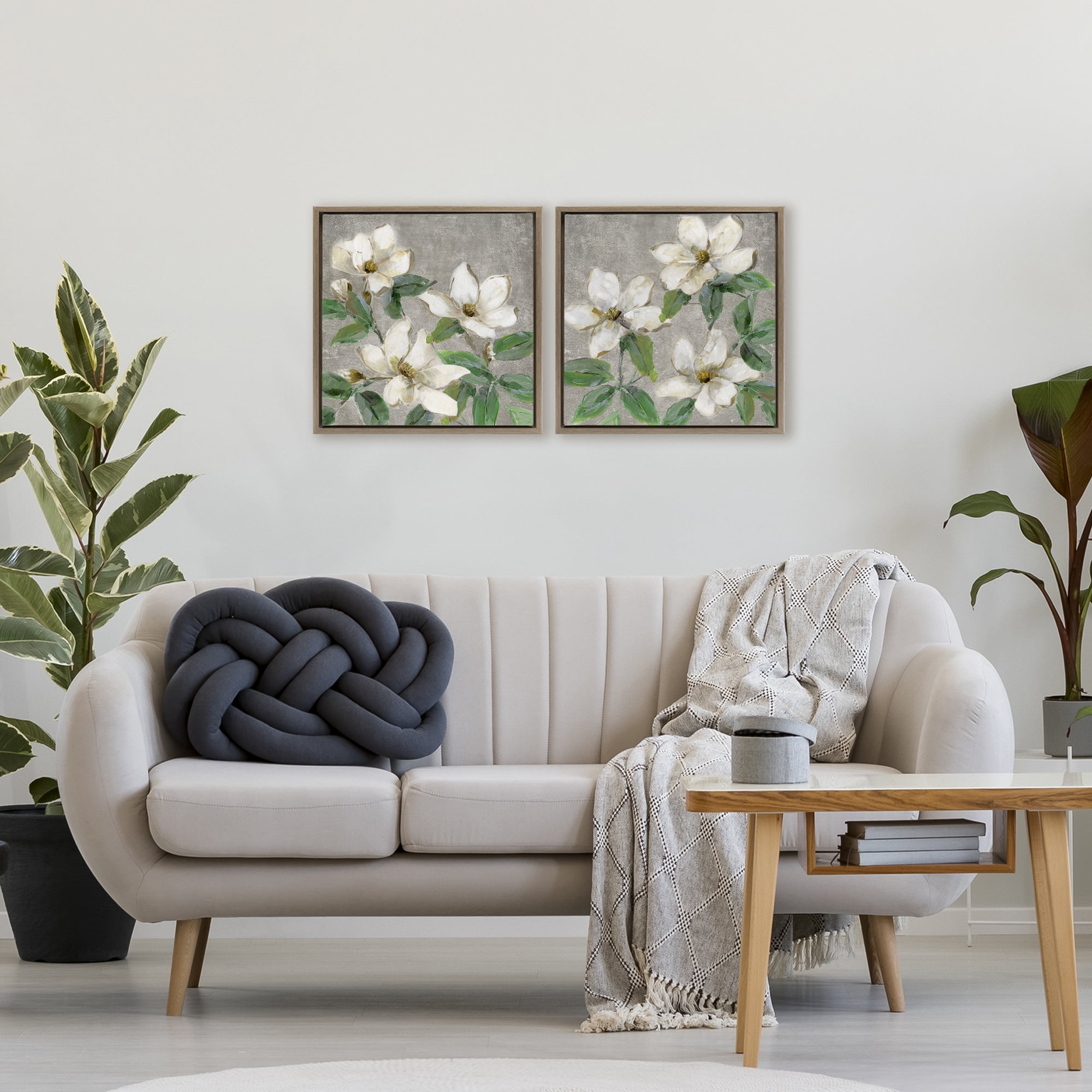 Stupell Industries Blooming Ivory Magnolias 2 Piece Brown Framed Floater Canvas Set, design by Sally Swatland