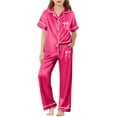 thumbnail image 2 of Kids Valentines Pajamas Girls Silk Satin Pajamas Set 2 Piece Button Down Bow Short Sleeve Top Pants Sleepwear Set Nightwear Summer Fall Baby Clothes New Year Birthday Gifts 3-14Y Hot Pink,150=11-12Y, 2 of 4