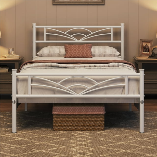 White FullFurnique twin size metal platform bed frame featuring a cloud-inspired design, shown in a cozy bedroom with neutral tones and bedside tables.