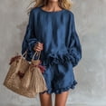 thumbnail image 2 of Floleo Women Two Piece Matching Outfit, Women Casual Coordinate Separates, Round Neck Puff Ruffle Long Sleeve Top Ruffle Hem Shorts, Solid Color Summer Beach Vacation Daily Outfit(Dark Blue,M), 2 of 5