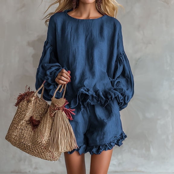 Cagogo Women's Plus Size 2 Piece Outfits Round Neck Puff Sleeve Blouse Crop Top Elastic Waisted Shorts Casual Set Loose Solid Boho Vacation Travel Clothes, Dark Blue 2XL