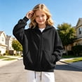 thumbnail image 2 of Girls Solid Color Full Zip Hooded Sweatshirt, Kids Zip‑Up Hoodie Jacket, Loose Fit Casual Outerwear Tops for Autumn Winter Daily School Outdoor Travel Wear(Black,3-4 Years), 2 of 6