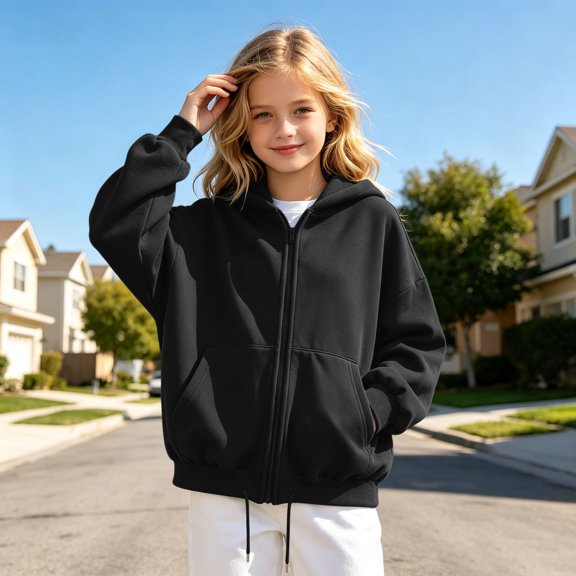 Angala Toddler Girls Zip Up Hoodie Fall Sweatshirt School Daily Wear Girls Loose Fit Jacket Size 3-4 Years Black