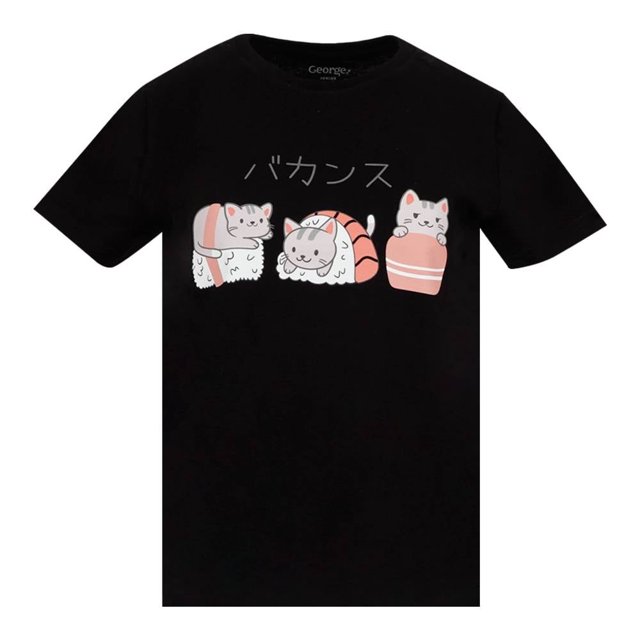 Playera George Talla CH Cuello Redondo Estampada Gatitos Letras Japonesas Negro