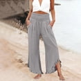 thumbnail image 5 of Domzle Womens Linen Pants Summer 2026 Wide Leg Pants Smocked Waist Ruffle Palazzo Pant Boho Flowy Beach Pant with Pockets Light Gray 3XL Sweatpants, 5 of 7
