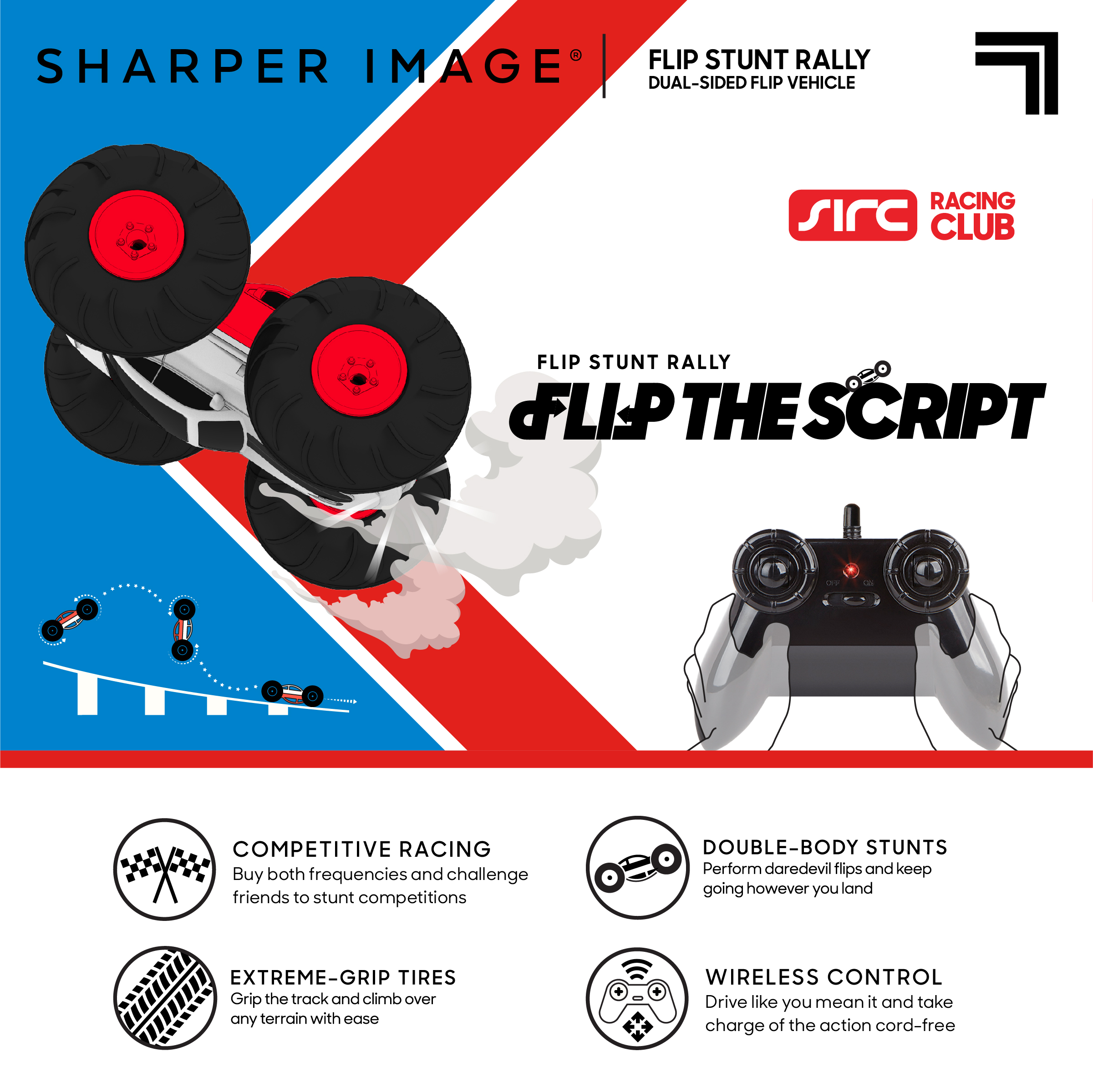 Sharper Image Remote Control RC Cars Flip Stunt Rally Car Toy for Kids, 49 MHz, 2-in-1 Reversible Design for Racing, Cool Stunts, Tricks, Led Headlights, AAA Battery Powered, Red/White Design - image 4 of 13