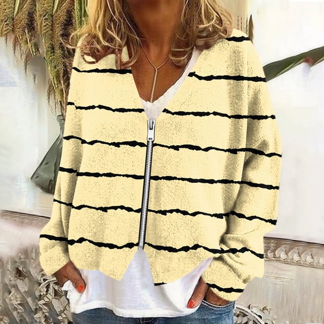 EGNMCR Veste Décontractée Sans Capuche à Manches Longues pour Femmes Cardigan Chaud à Fermeture Éclair Col en V Blouse à Manches Longues