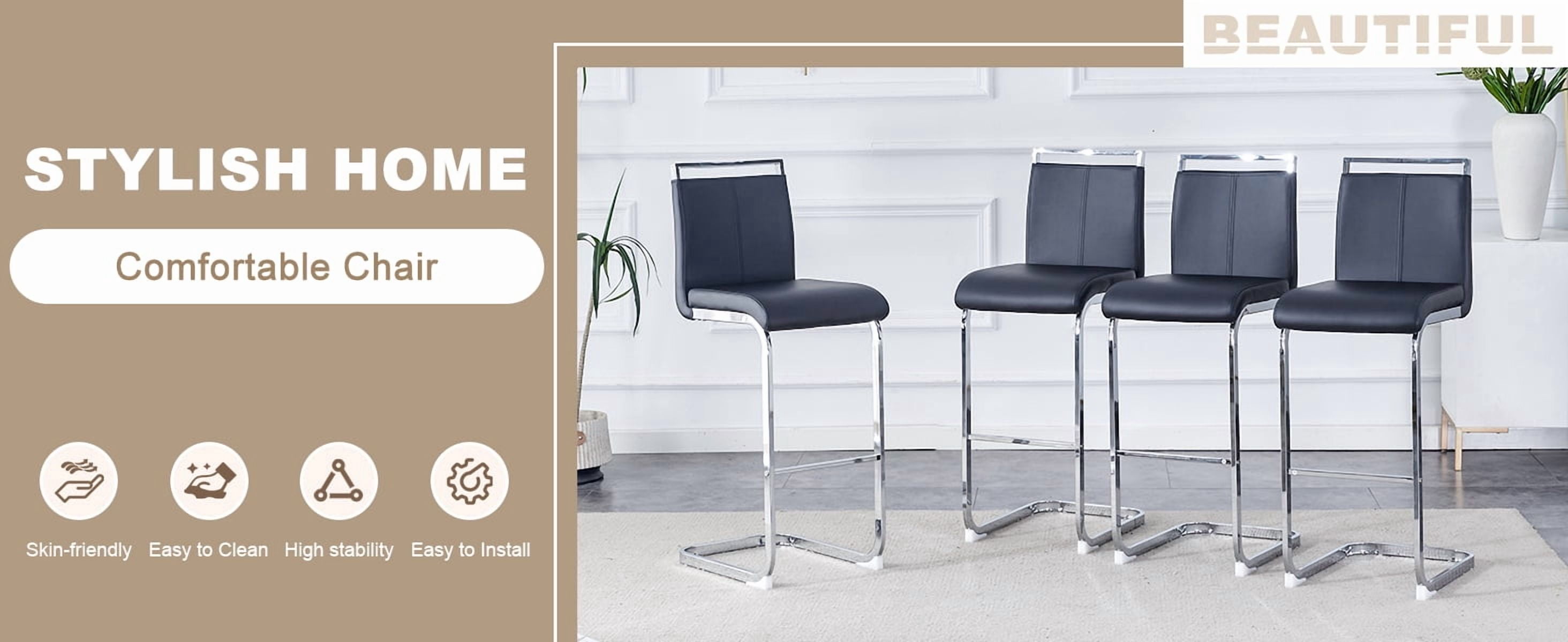 Bar Stools Set of 6, PU Leather Bar Stools 42.5 Inch High with C-Shaped Silver Metal Legs, Counter Height Stools for Kitchen Island, Home Bar, Dining Room and Terrace, Modern Bar Chairs