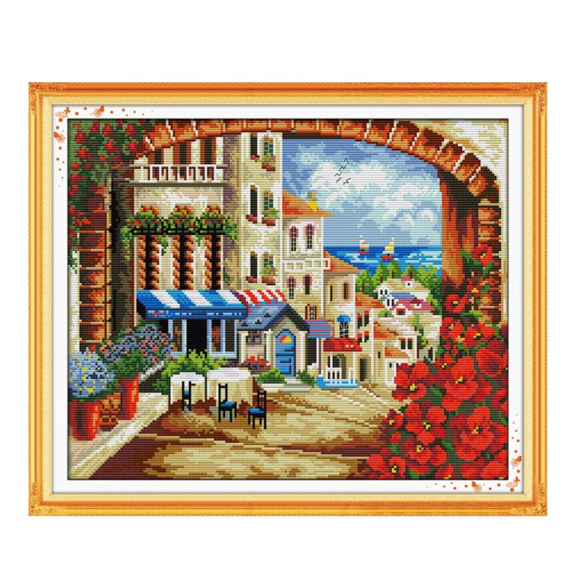 leyfeng Kit de bordado de punto de cruz con cuentas hechas a mano DIY, patrón de paisaje mediterráneo de 14 quilates, punto de cruz 45