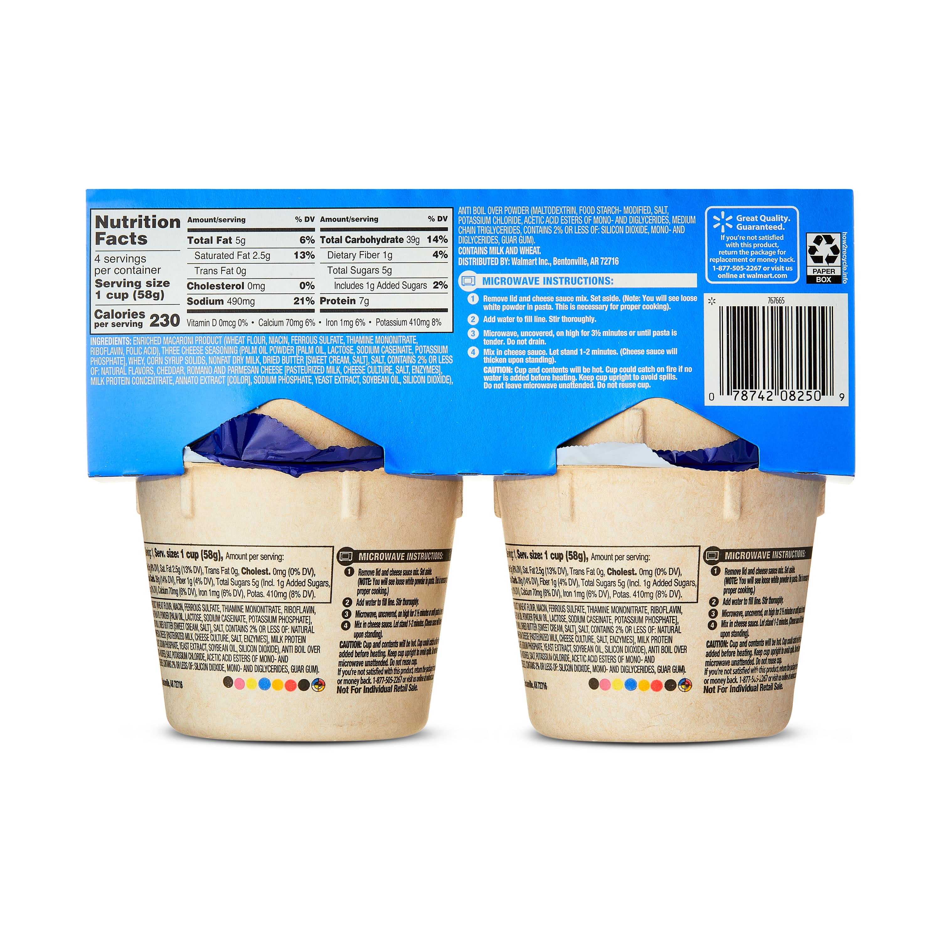 (6 pack) Great Value Three Cheese Macaroni & Cheese, 2.05 oz, 4 Count (Shelf Stable)