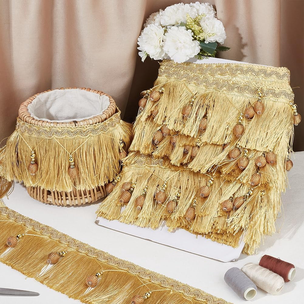 6m/6.6 Yards Hanging Beads Fringe Trim 4.4 Inch Wide Beaded Tassel Lace Gold Bead Fringe Ribbon Hanging Ball Fringe Trim Ribbon for DIY Crafts Clothing Curtain Table Home Decor Gold