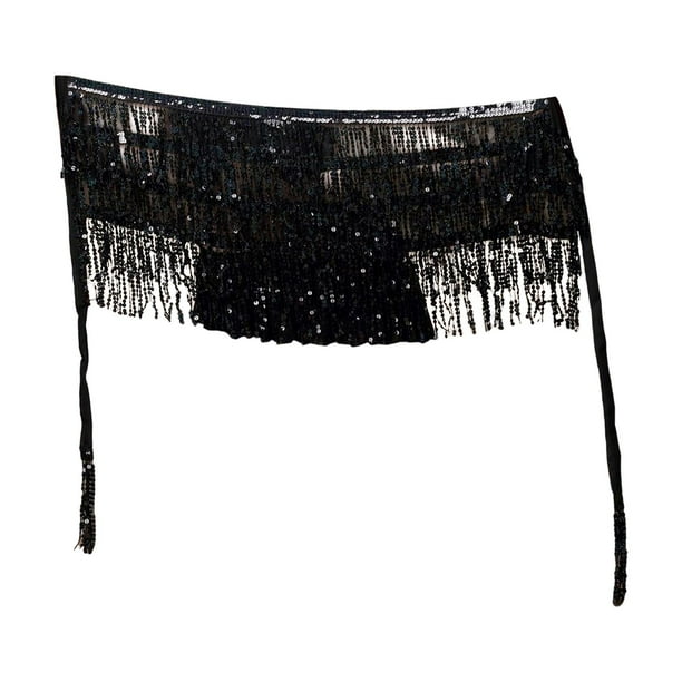 Falda de danza del vientre estilo boho, pañuelo de cadera con lentejuelas, cadena de cintura con borlas de lentejuelas y purpurina. Negro