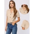 thumbnail image 2 of Blusa de algodón de lino para mujer Camisa de manga corta con cuello holgado informal Caqui claro S, 2 of 5