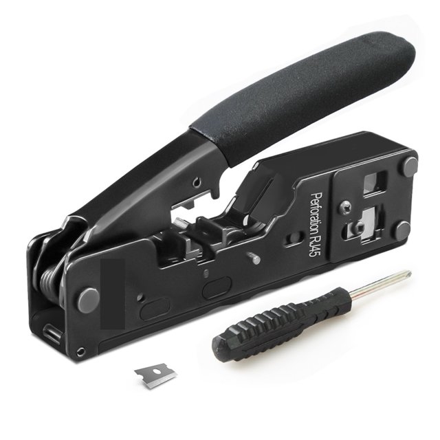 RJ45 RJ11 Pass Through Crimping Tool for Cat7/6A Cat6/5 Ethernet Modular Plugs Connectors With Stripper and Spare Blade ,Multi Function