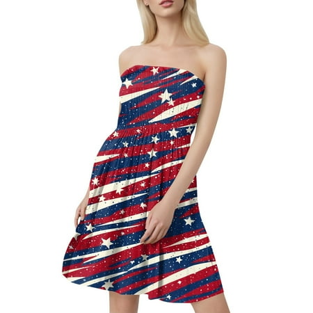 JGNGSHN Plus Size Dresses for Curvy Women Flowy Trendy American Flag Smocked Tube Dress Cover Ups Strapless Boho Stars Stripes Print Beach Sundress