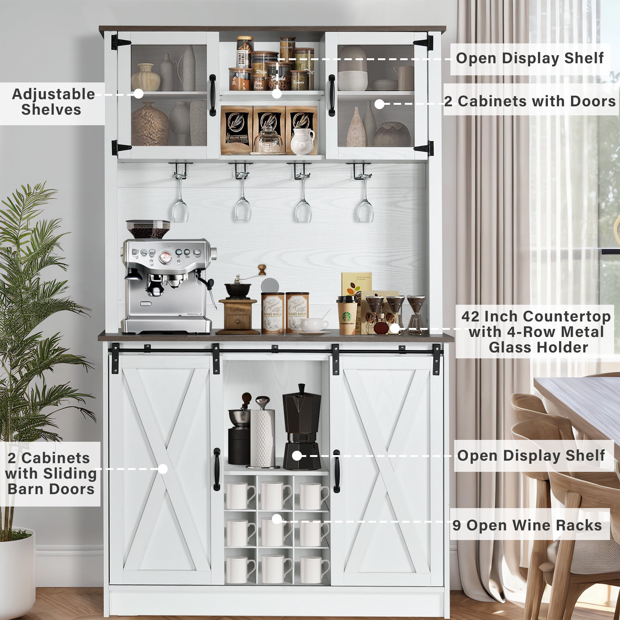 DreamCurship 72" Kitchen Pantry Storage Cabinet, Freestanding Cupboard Storage Buffet Hutch with Microwave Stand, Coffee Bar Cabinet with 9 Racks & 4 Row Wine Glass Holders, White