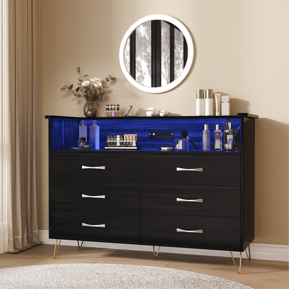 Garvee 6 Drawer Dresser with LED Lights and Power Outlet Modern Storage Cabinet