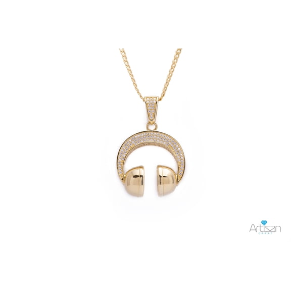 Sterling Silver DJ Headphones CZ Yellow Gold Pendant with Necklace