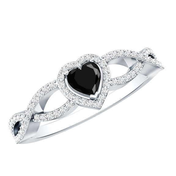 Rosec Jewels Lab Grown Black Diamond Heart Engagement Ring with Moissanite - Criss Cross Ring - AAAA Grade - with Jewelry Box, 925 Sterling Silver, US 4.00