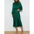 thumbnail image 6 of Women's Elegant Long Sleeve Satin Dress Mock Neck Elastic Waist Cocktail Party Wedding Guest Midi Dresses, 6 of 12
