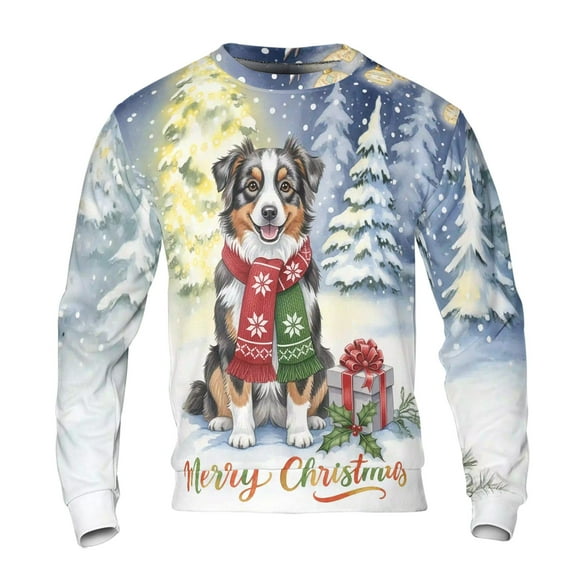 Merry Christmas Australian Shepherd Snowy Winter with Gifts Tree Decorations All Over Print 3D Sweatshirt Unisex Merch Aussie Dog Lover Gifts - 12020