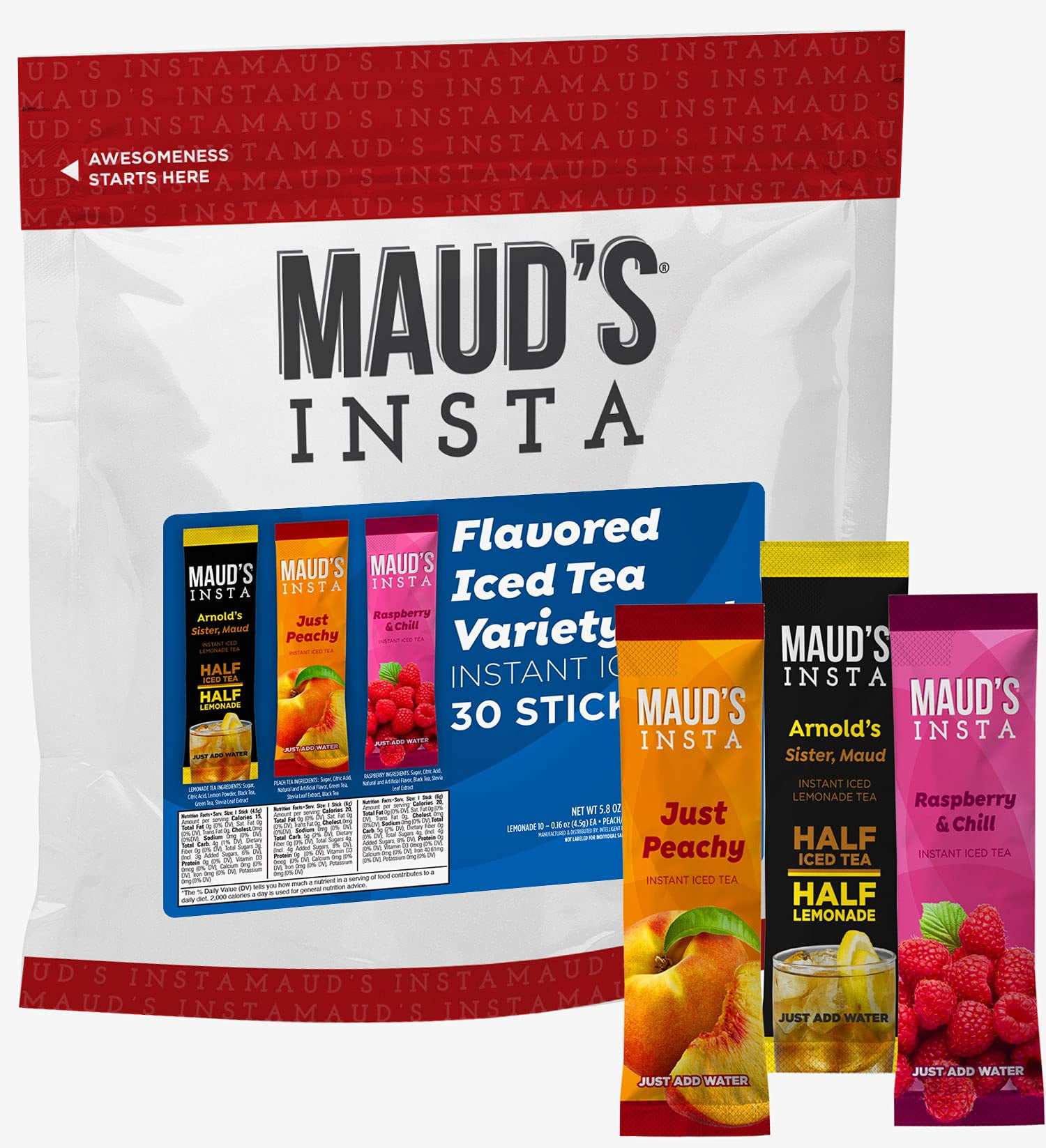 Maud's Instant Iced Tea Variety Pack, 30ct. Solar Energy Produced Single Serve Iced Tea Travel Instant Packs, Instantly Hot or Iced Tea, 100% California Tea Blend; Lemonade Peach & Raspberry Iced Tea