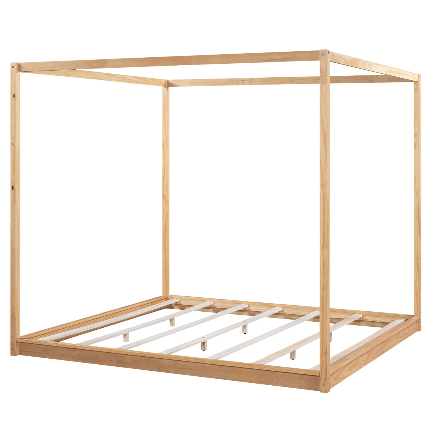 Harper & Bright Designs King Size Canopy Floor Platform Bed, Solid Wood 4 Post Canopy Bed Frame for Boys Girls Adult, Natural