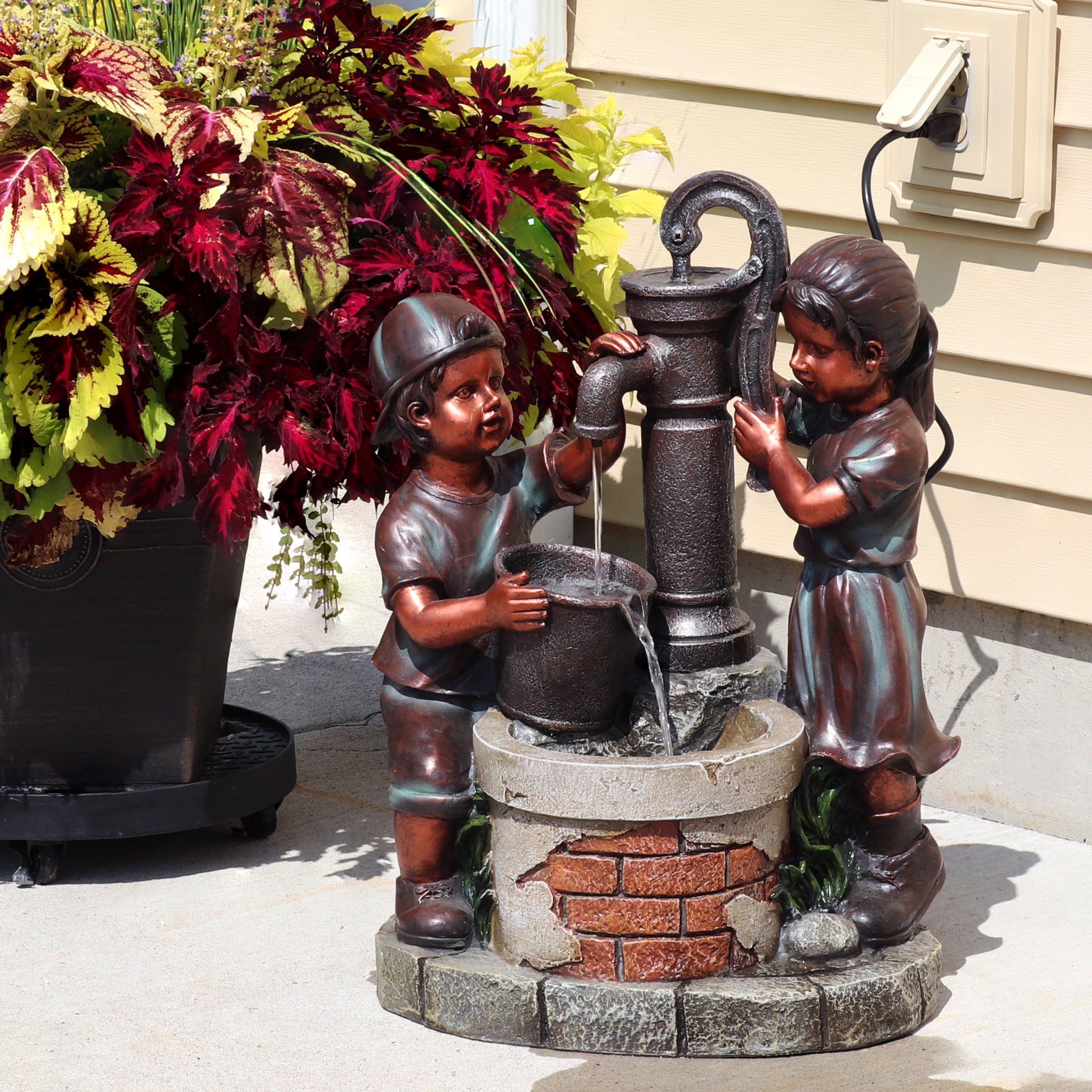 Sunnydaze Jack and Jill at Farmhouse Pump Polyresin Outdoor Water Fountain