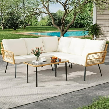 L-Shaped Patio Conversation Sets, Wicker Outdoor Furniture Sets, Outdoor Corner Sofa with 1 Table, Beige