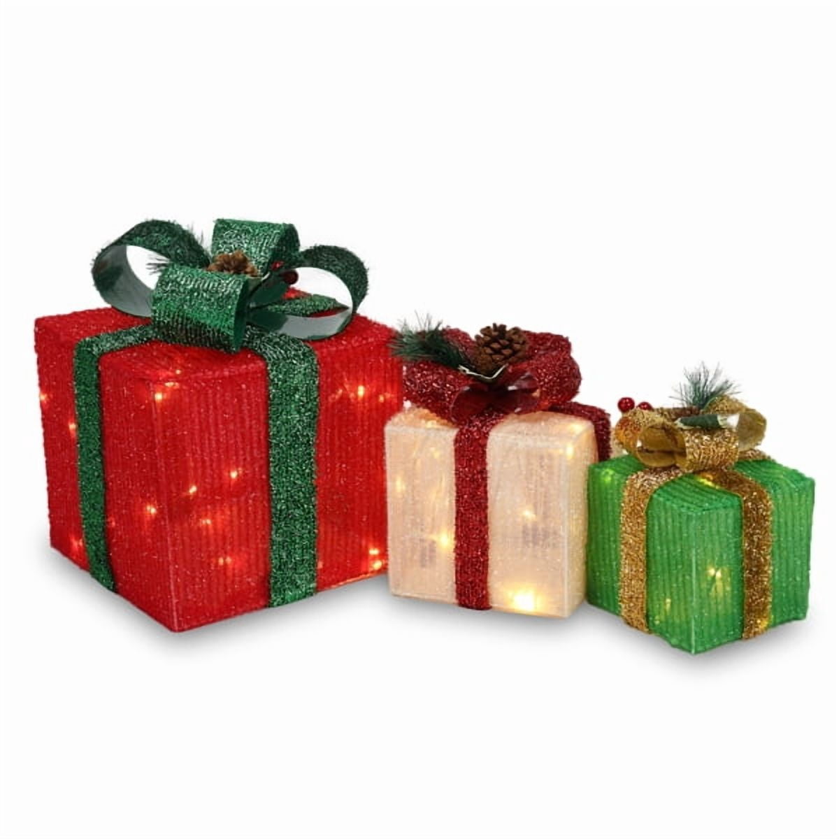 3-Piece Christmas Lighted Gift Boxes Set, 60 Warm White LEDs, ABS Plastic Frame with Onion Cloth, Indoor Outdoor Festive Decor