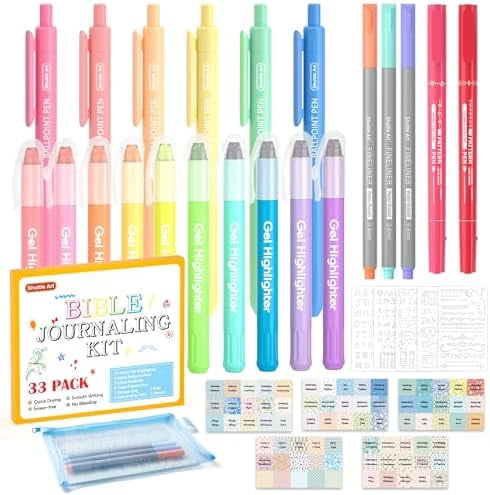 Tekola Bible Highlighters and Pens No Bleed, 33 Pack Bible Journaling Kit, Bible Pens Gel Highlighters and Bible Tabs with a storage bag, Bible Markers No Bleed Through