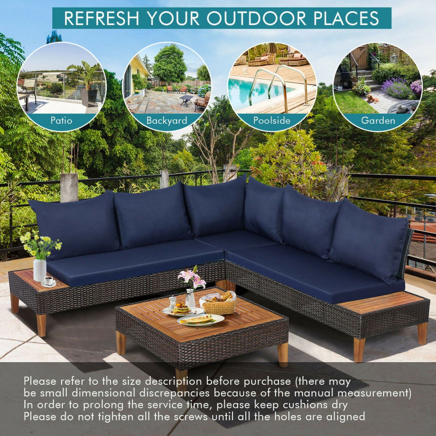 Aimee Lii 4 Pieces Patio Cushioned Rattan Furniture Set with Wooden Side Table, Outdoor Patio Set, Navy Aimee Lii 4 Pieces Patio Cushioned Rattan Furniture Set with Wooden Side Table, Outdoor Patio Set, Navy