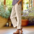 thumbnail image 4 of Chroia Women Summer Beach Linen Pants, Elastic Side Button Straight Leg Casual Long Trousers, 4 of 4