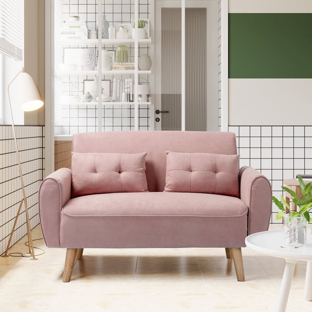 Sobaniilo 47" Small Modern Loveseat Sofa, Mid Century Linen Fabric 2-Seat Sofa Couch Tufted Love Seat with Back Cushions and Tapered Wood Legs for Living Room, Bedroom and Small Space (Pink)