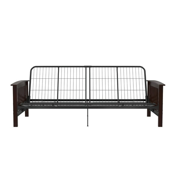 RealRooms Elbi Full Size Wood Arm and Black Metal Futon Frame, Brown