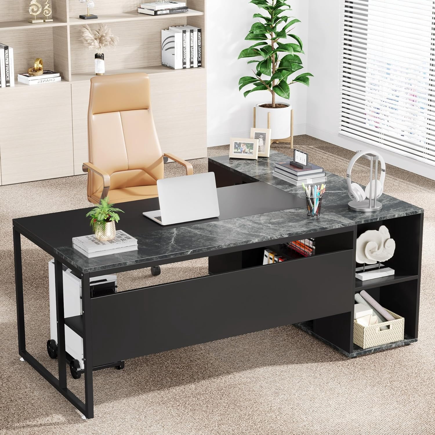 Tribesigns 71 inch L Shaped Executive Desk with Cabinet Storage, Rustic Brown Business Furniture Desk Workstation with Shelves for Home Office