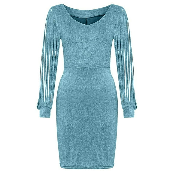 CALAFEBILA Dresses for Women 2025 Long Sleeve V-neck Solid Color Midi Bodycon Dress Sequin Party Tassels Long Women's Dresses