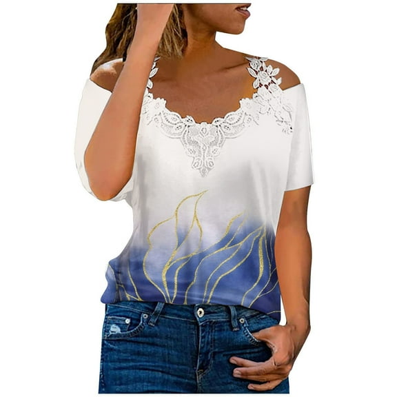 Dyegold Cold Shoulder Tops For Women Short Sleeve V Neck Crochet Lace Shirts Summer Dressy Casual Loose Tunics Blouses Tees