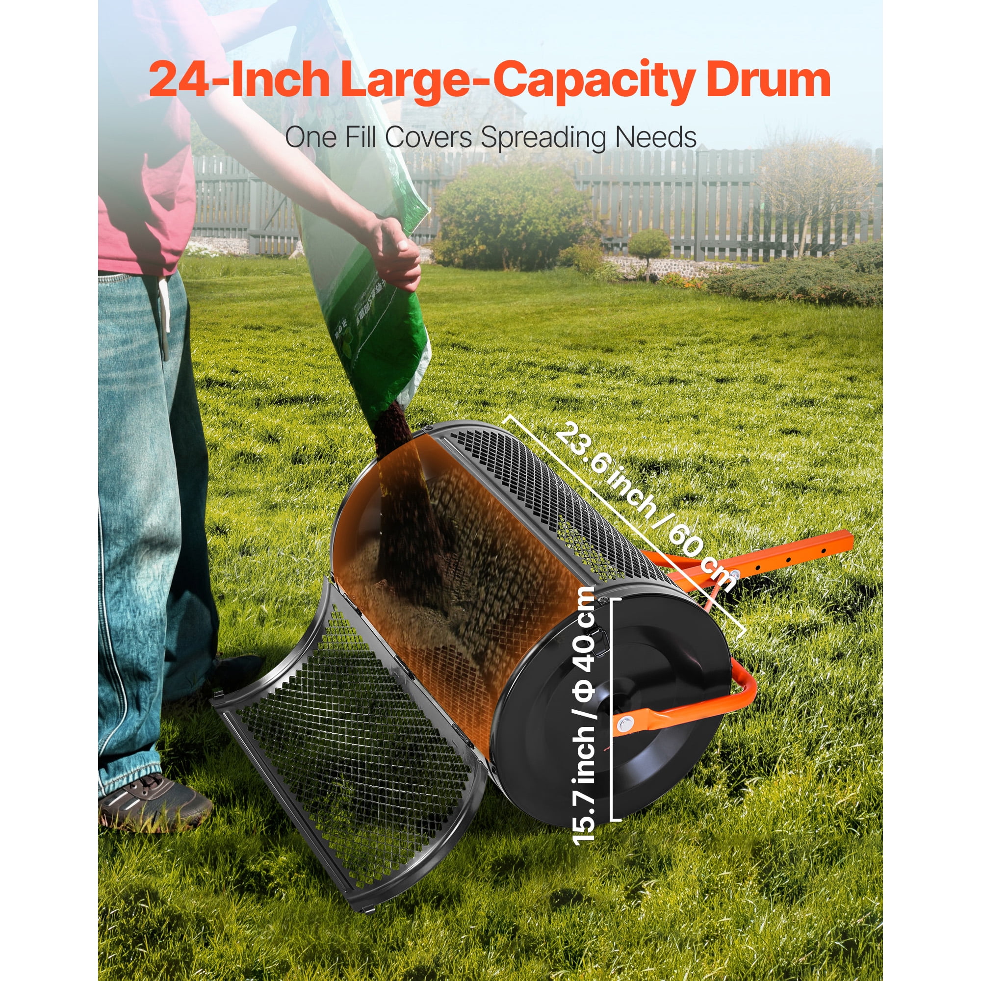 KFFKFF 24-Inch Compost Spreader with Adjustable T-Handle, Durable Steel Peat Moss Roller for Lawn Care and Seeding